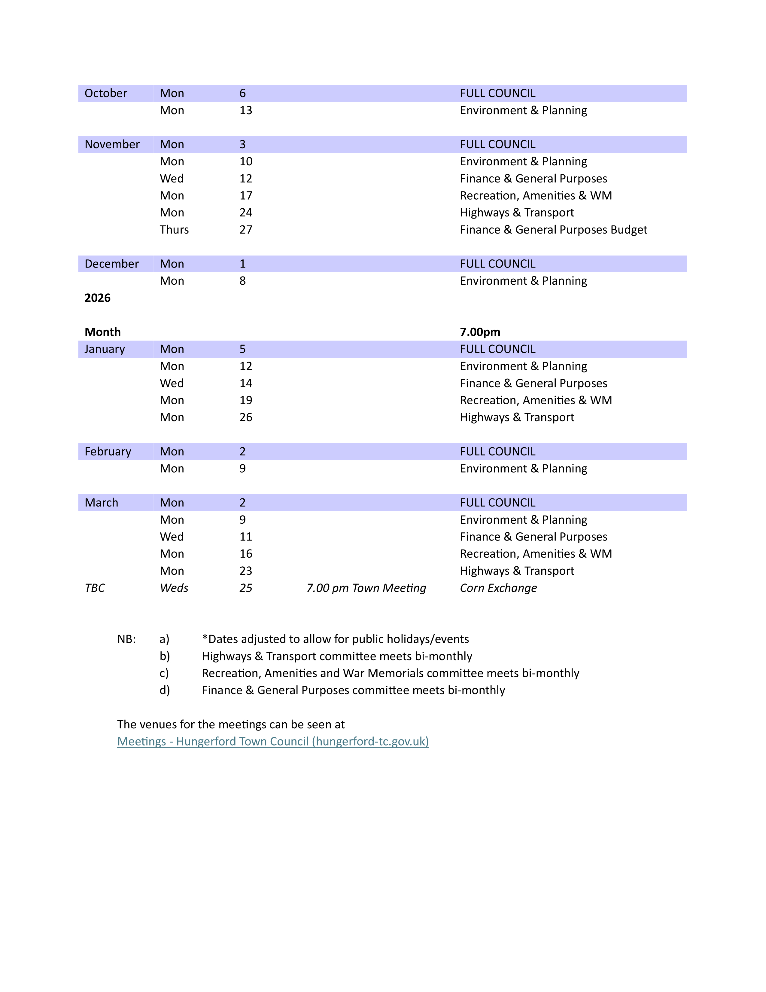 Town Council Calendar April 2025-March 2026 2